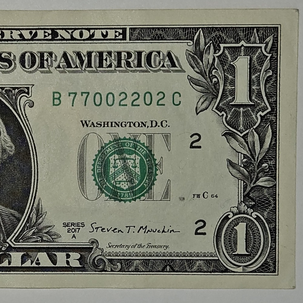 2017A One Dollar‎ Bill Trinary Note B77002202C New York Federal Reserve (B246)